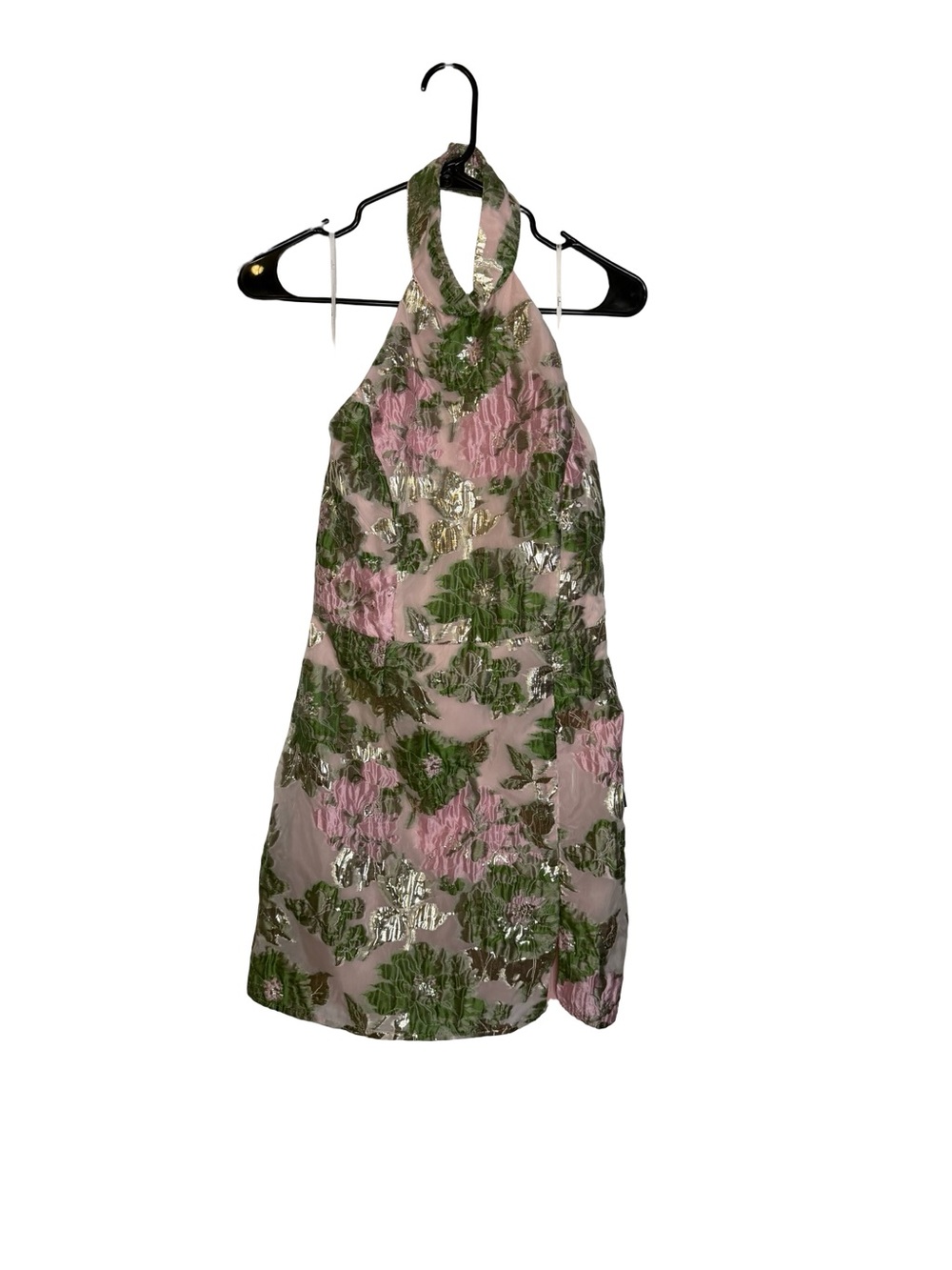 ๐ธ Lulus Floral Metallic Jacquard Halter Mini Dress Medium NWT โจ๐ - Picture 2 of 5